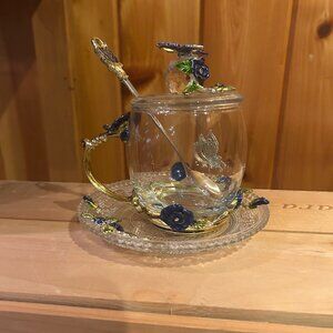 Tea Cup set Clear Glass w enameled Butterflies/Roses w brass handle  plate  spoo